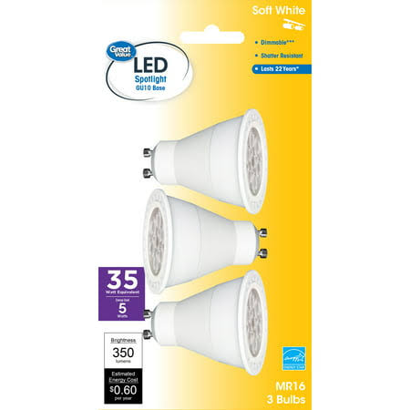 Great Value LED Light Bulb, 5W (35W Equivalent) MR16 Lamp GU10 Base, Dimmable, Soft White, 3-Pack, Size: 3 Bulbs