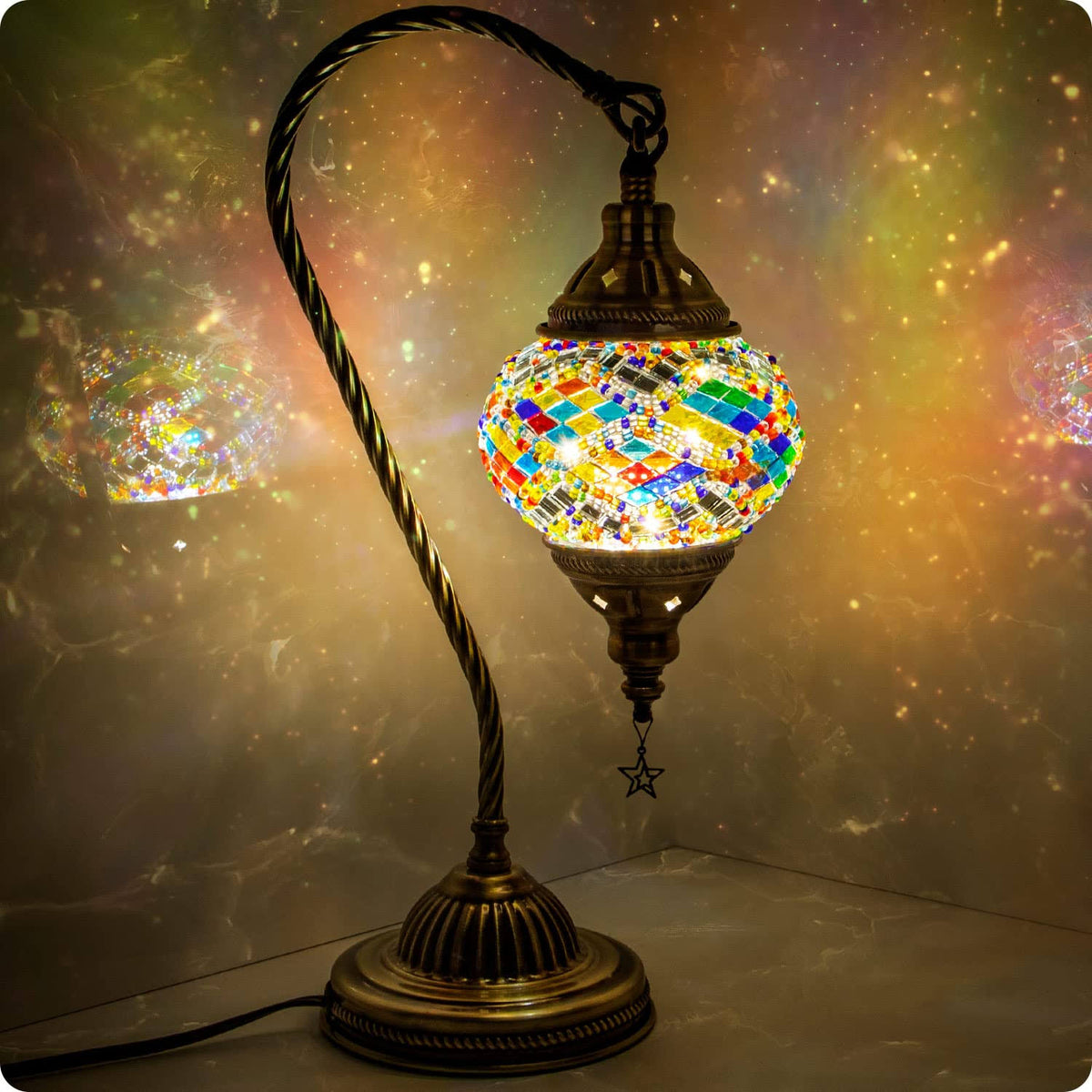 Yarra-Decor Turkish Moroccan Lamp with Bronze Base 3-Way Color Changing Handmade Swan Neck Tiffany Mosaic Glass Bedside Lamps for Bedroom (LED Bulb